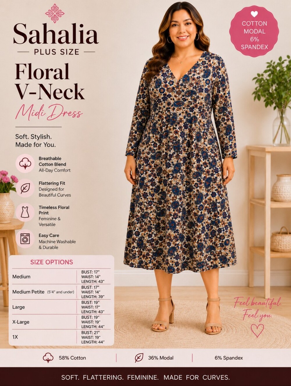 sahalie Floral V-Neck Midi Dress in Navy Blue and Tan